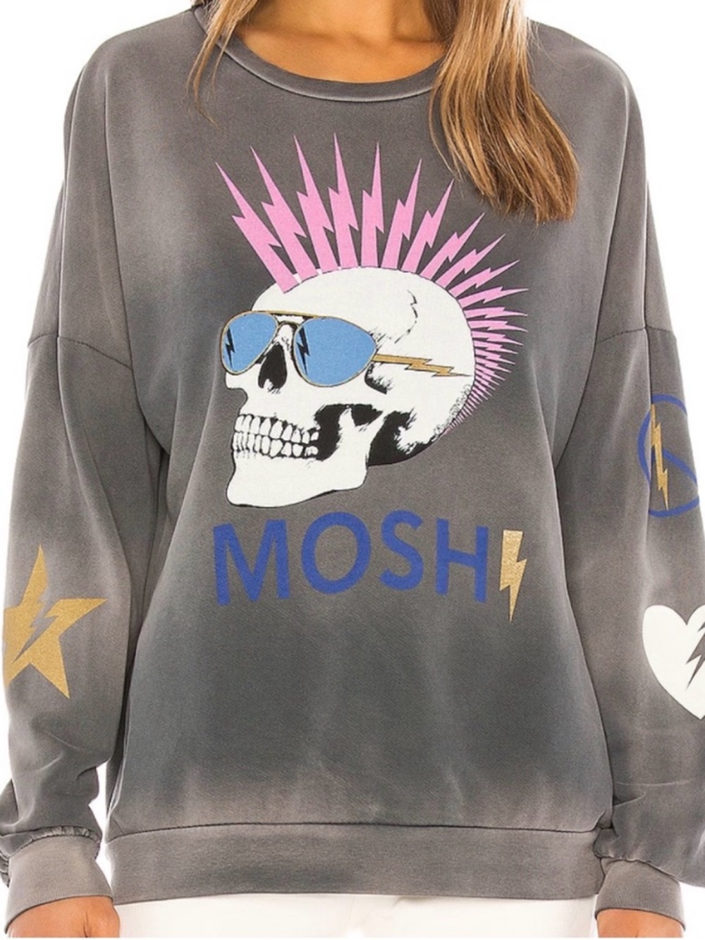 MOSHI Skull Graphic Pullover Sweatshirt in Charcoal with Pink & Blue Accents